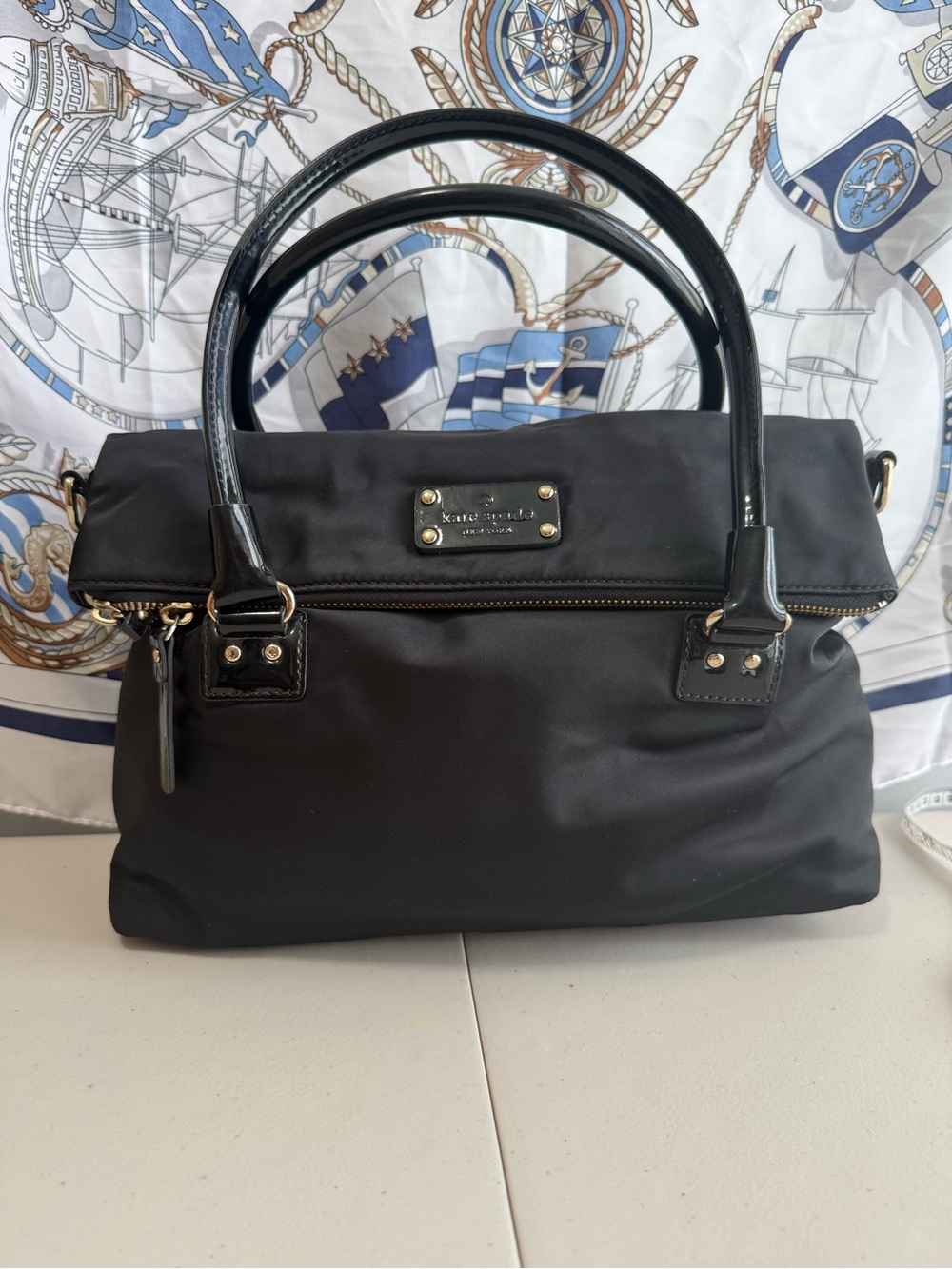 Kate Spade Black Nylon Satchel with Patent Handles and Gold Hardware